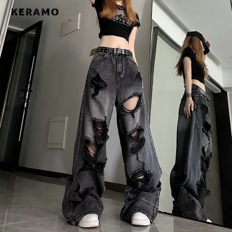 

Women's Distressed Design Wide Leg Hole Jeans Summer New Street Unisex Style Trousers Loose High Waist Straight Denim Pants