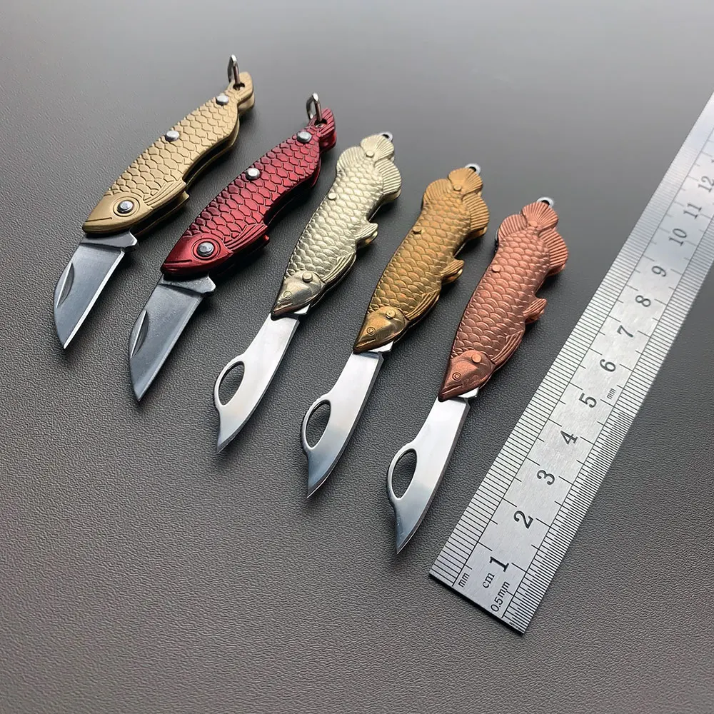 Mini Brass Handle Fish Shaped Handle Folding Blade Knife Stainless Steel Sharp Outdoor Camp Pocket Knife Keychain For Survival