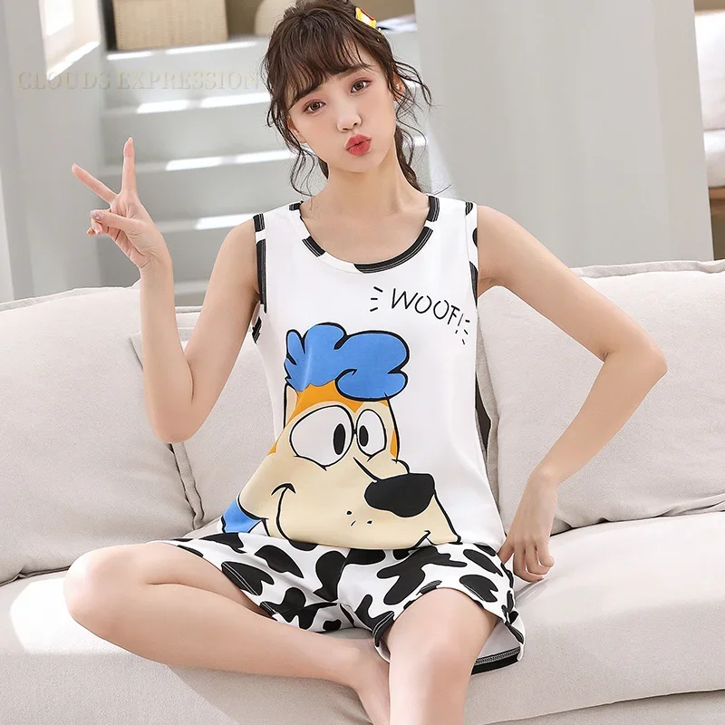 Summer Cartoon Dog Knitted Cotton Mens Pajama Sets Men's Sleep&Lounge Sleeveless Polka Dots Pants Male Pajamas Fashion Homewear