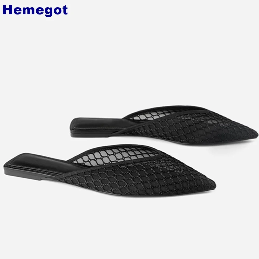 

Pointed Toe Mesh Flat Roman Slippers 2024 Summer New Outdoor Casual Beach Mule Slippers Black Fashion Slip-On Slides