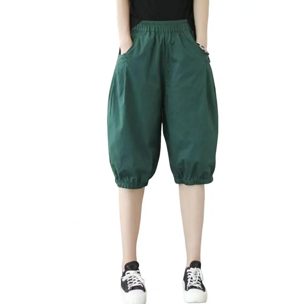 

Casual Wide-leg Pants Streetwear Women's Knee-length Shorts with Elastic Waist Loose Fit Solid Color Pants for Summer Casual