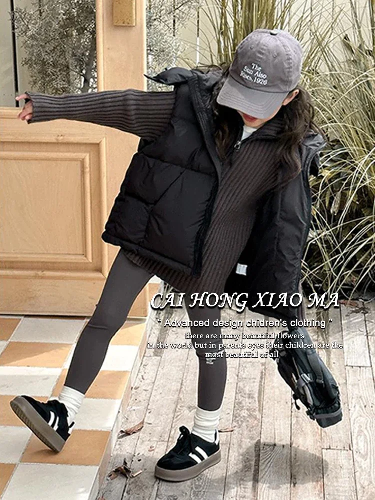 Girls Down Vest Coat New Children Stylish Solid Color Hooded Warm Sleeveless Coat Autumn Winter 2024 Korean Simple Style image 2