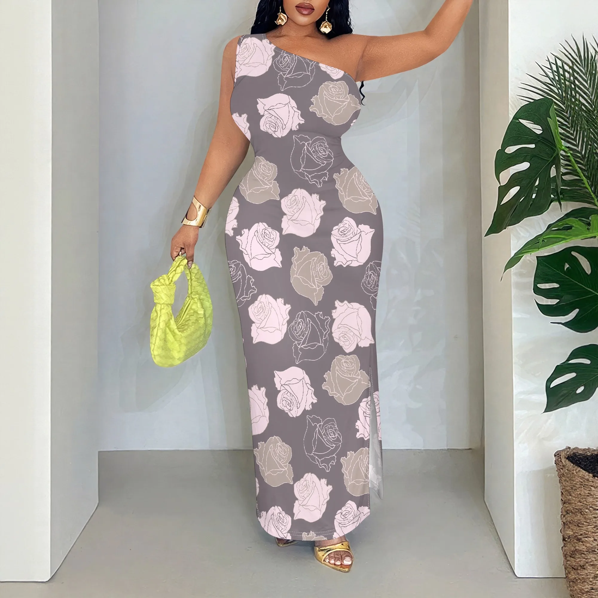 

Rose Print One Shoulder Maxi Dress, Floral Sleeveless Bodycon Gown, Elegant Party Evening Wear, S-2XL