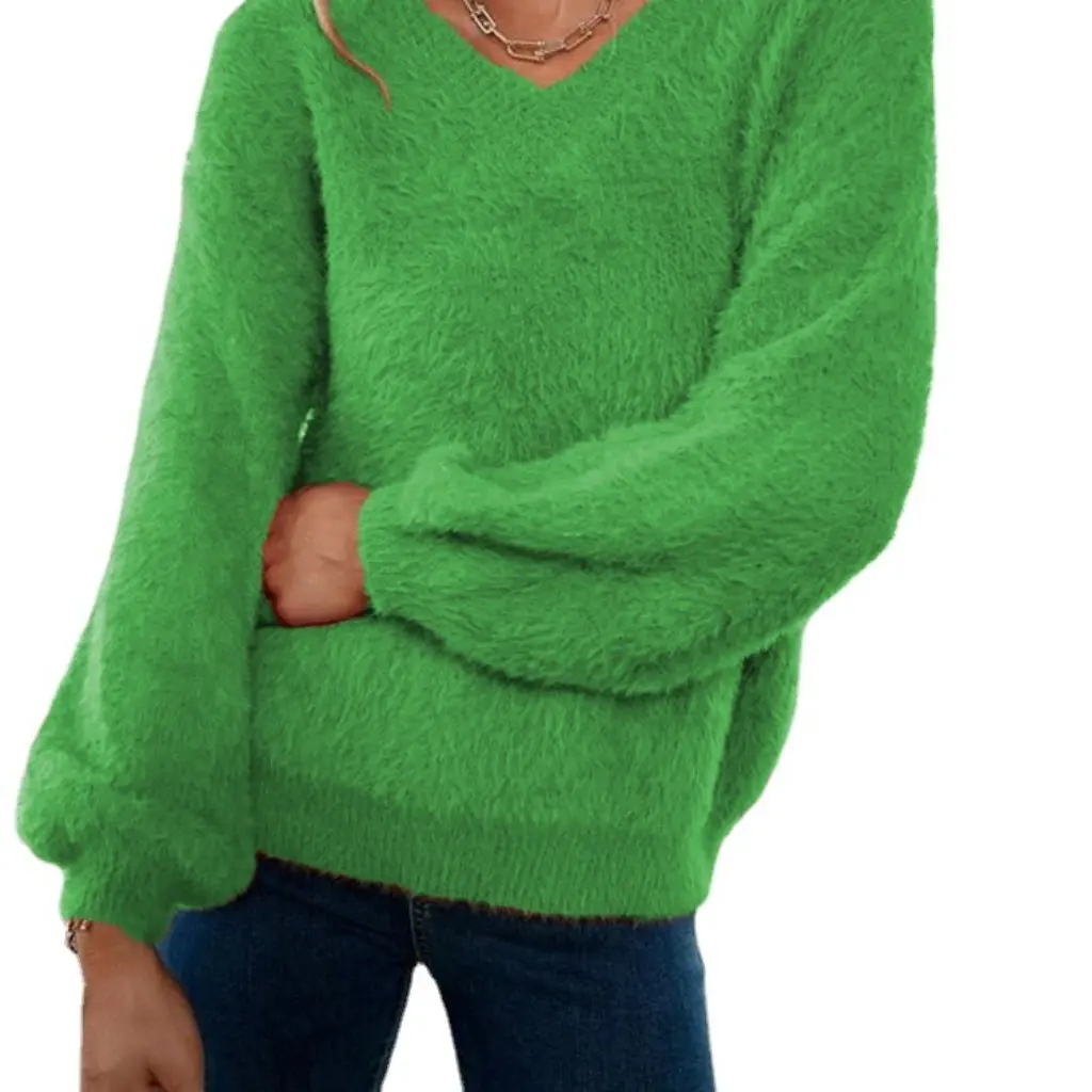 

Women's Furry Slim-fit Pullover Sweater V-neck Fleece Winter Solid Color Elastic Fashion Top