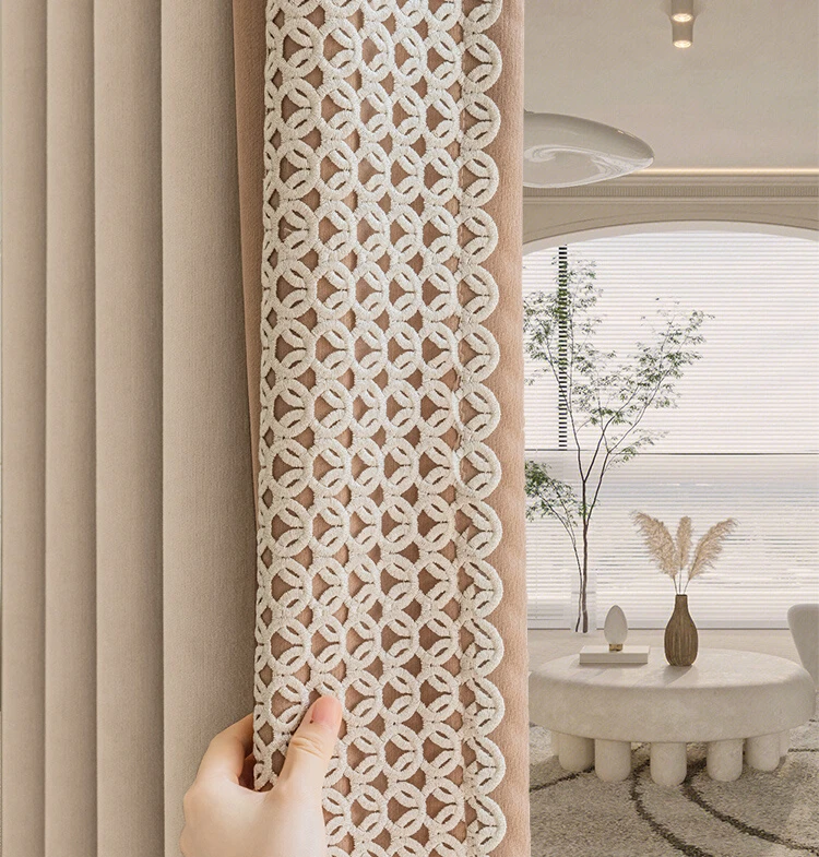 French Luxury Cream Jacquard Thickened Chenille Lace Patched Curtains for Bedroom Living Room French Window Customized