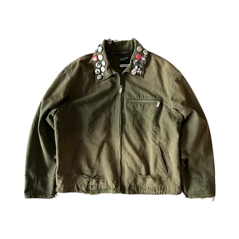 High Street ERD Distressed Frayed Short Coat High Quality Military Cargo Jackets Turn-down Collar Jacket Coats