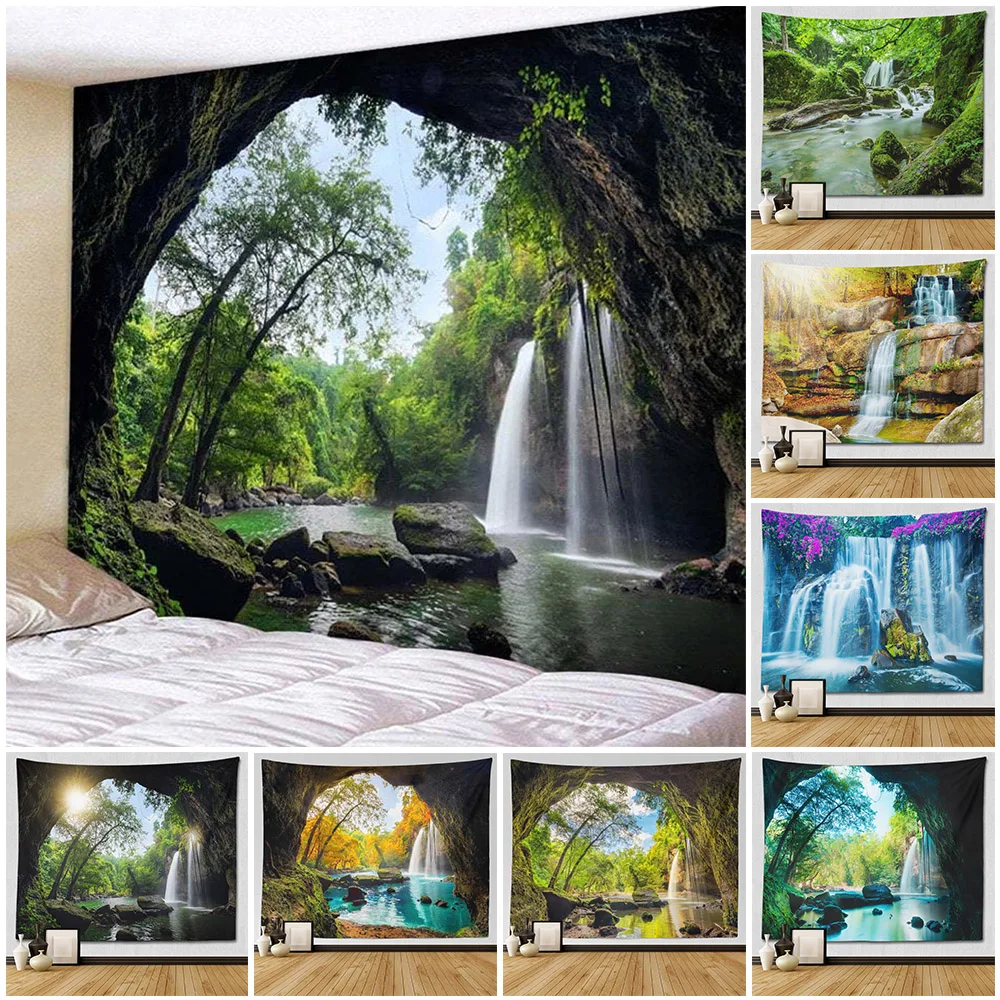 

Landscape Tapestry Wall Hanging 3D Cave Boho Forest Waterfall Large Fabric Wall Tapestry Home Decor Aesthetic Room Decoracion