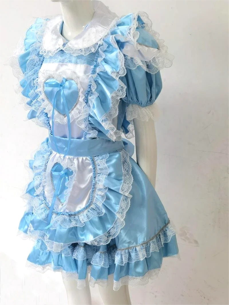 Multicolor Adult Giant Baby Sexy Girl Blue Love Satin Dress Lace Edge Sissy Makeup Ball Maid Gothic Role Play Lockable