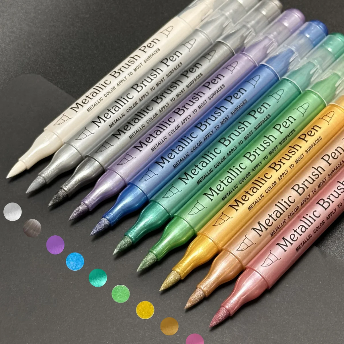 10 Pcs Metallic Dual Tip Brush & Fine Point Markers - No Bleed, Water-Based Ink, Ideal for DIY, Scrapbooking, Glass, Ceramic