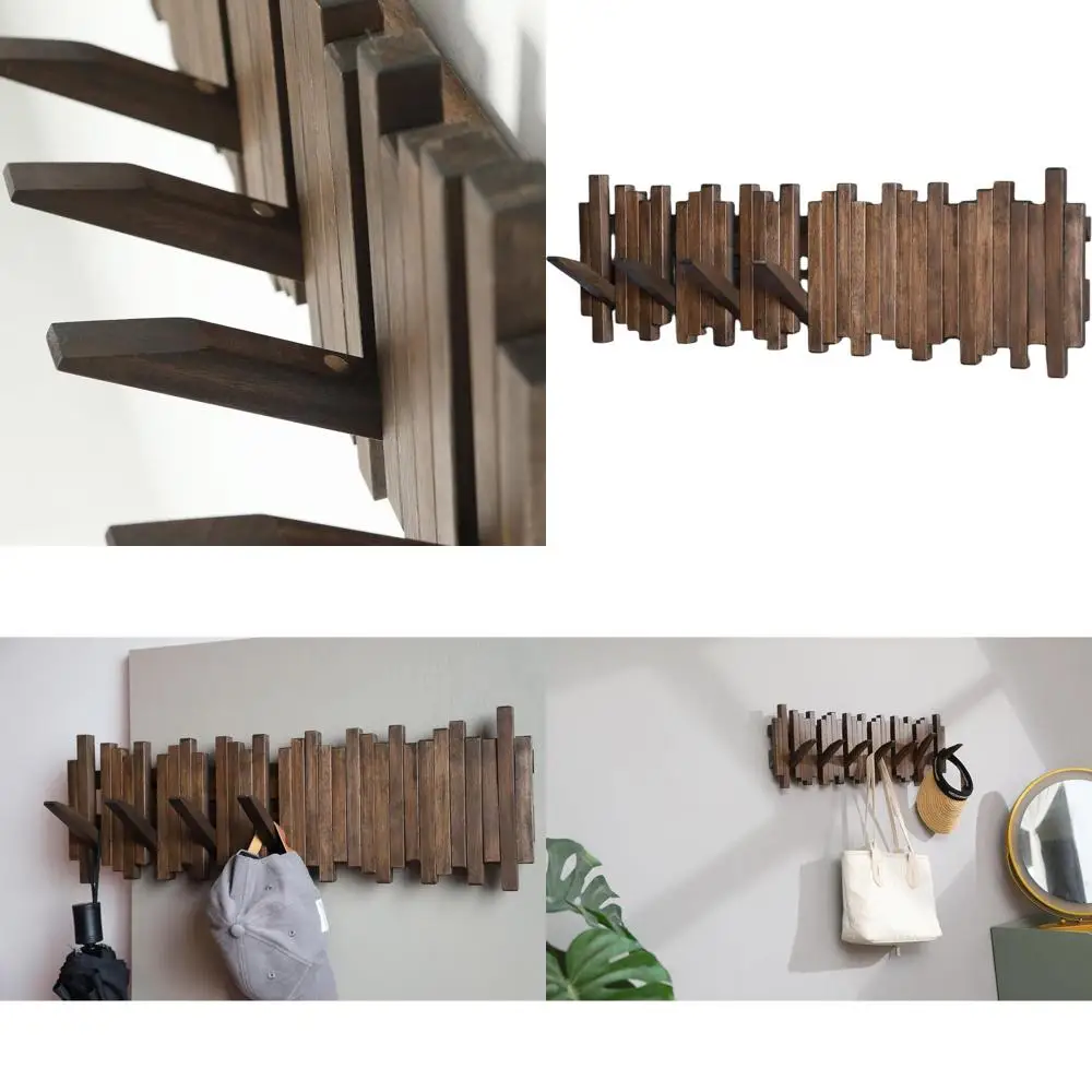 

Acacia Wood 7-Hook Wall-Mounted Piano Coat Rack - Walnut Toned Wall Art Entryway Organizer