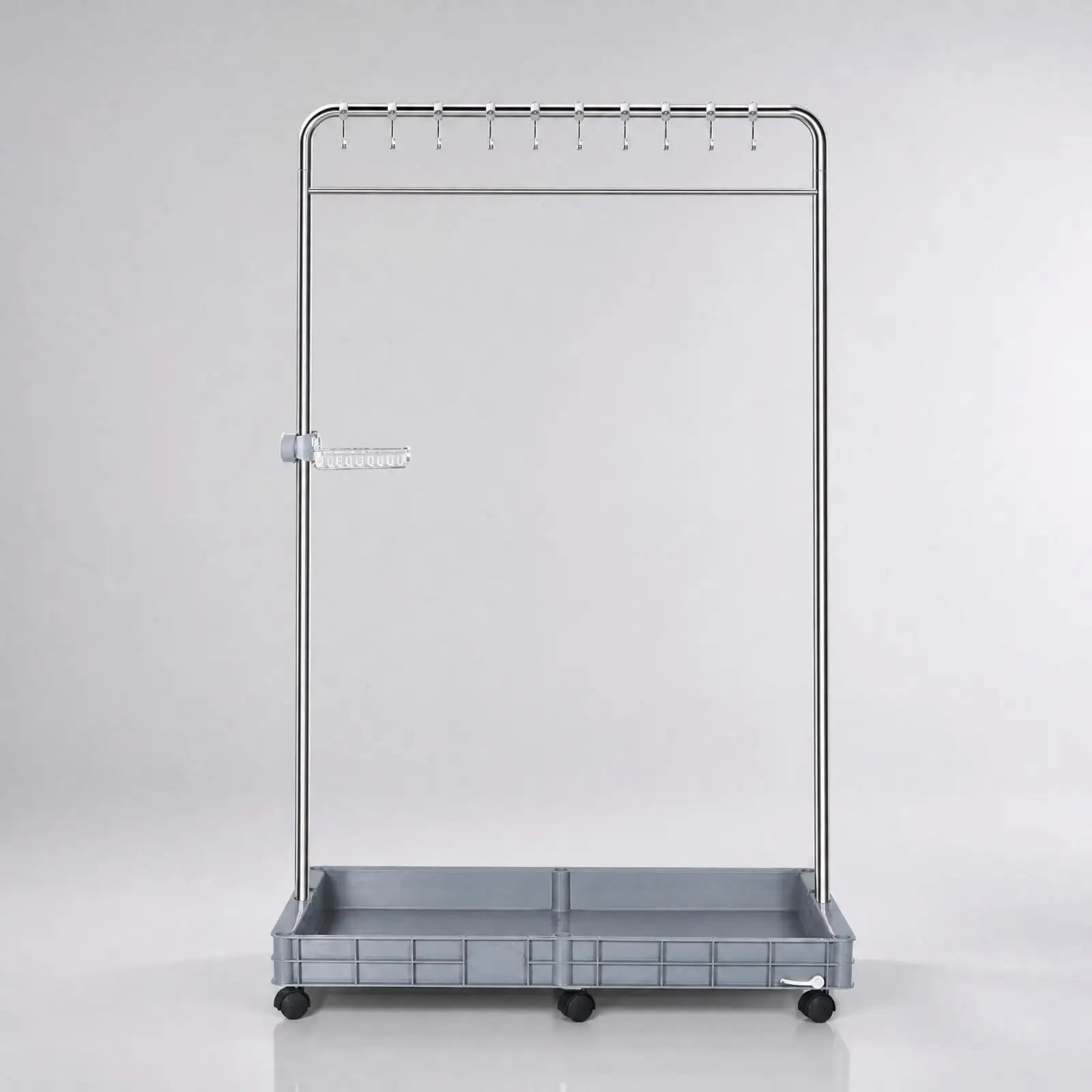 Mop and Broom Storage Rack Stainless Steel Rolling Caddy with Hanging Rail Lower Tray Side Basket for Cleaning Tools in Kitchen