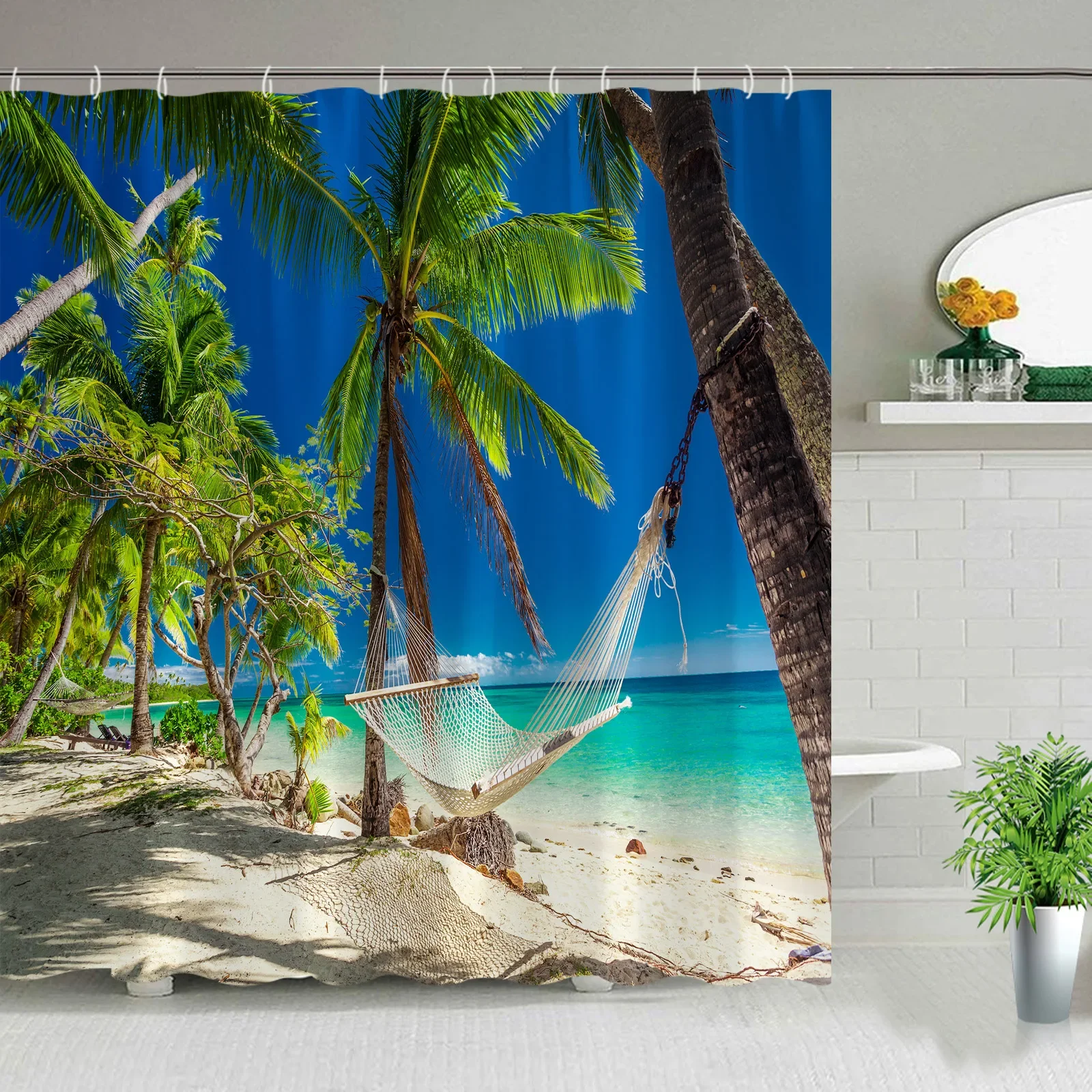 Hawaii Landscape Outdoor Shower Curtain Island Beach Coconut Tropical Ocean Natural Landscape Hanging Curtain Bathroom Decor Set