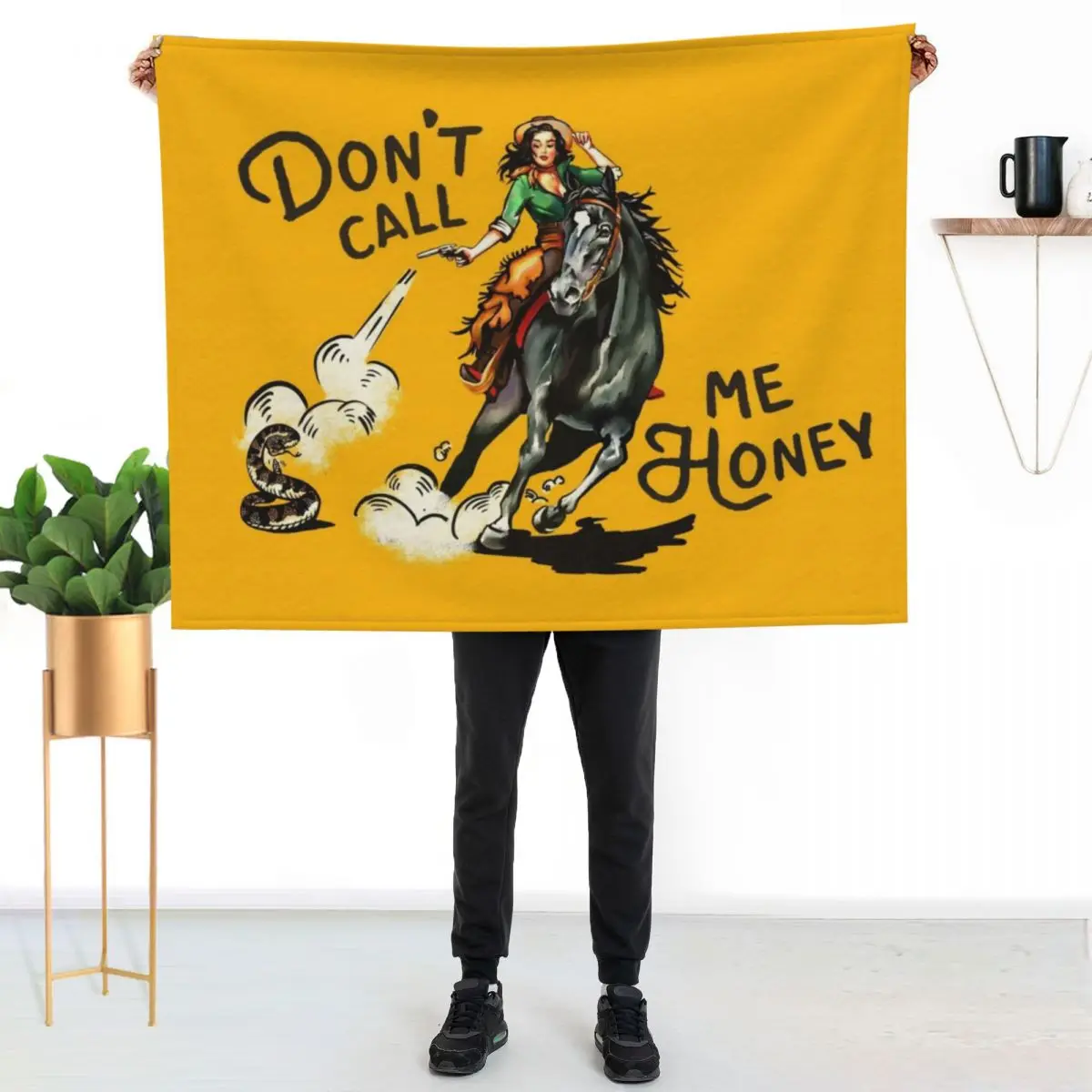 Don't Call Me Honey Vintage Pinup Cowgirl On Horseback Shooting A Snake Throw Blanket