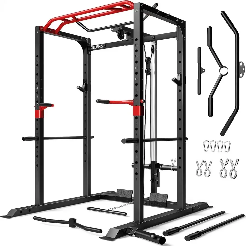 2000LB Capacity Multi-Function Power Cage with Lat Pulldown, Adjustable Squat Rack, and Pulley System for Home Gym