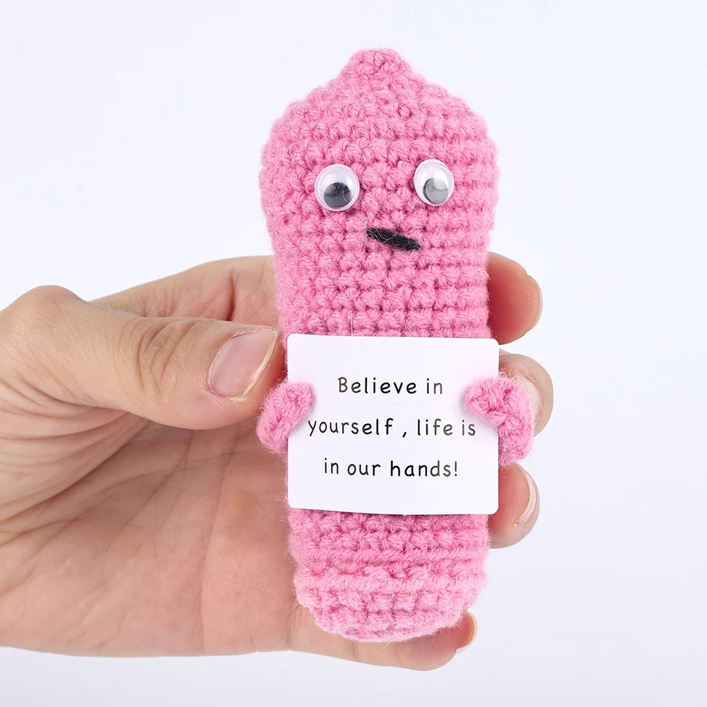 1pcs Emotional Support Handmade Crochet Doll Positive Energy Pink Insect Toy Funny Knitting Doll Cheer Up Gift for Friends