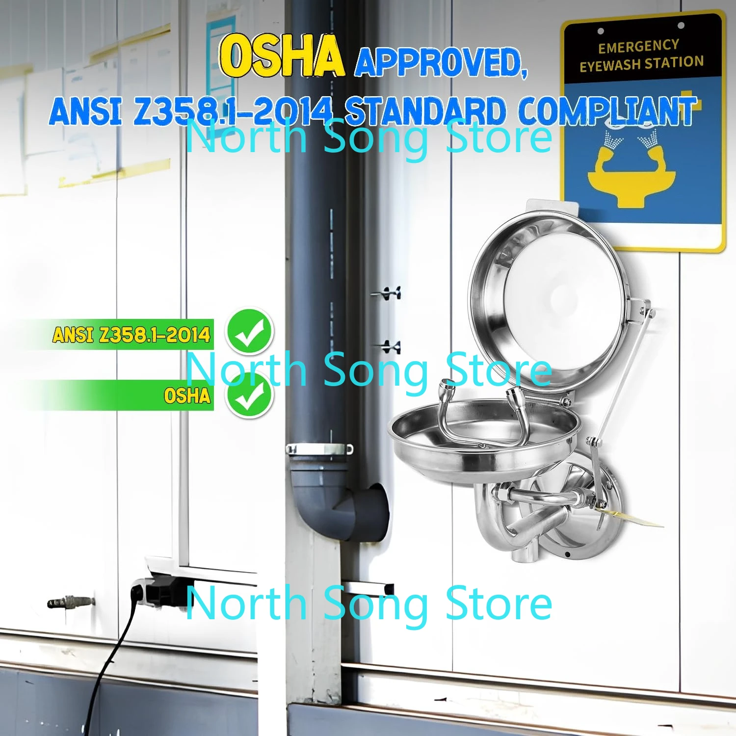 Eye Wash Station with Cover, Wall Mount Eyewash Station OSAH Approved, Stainless Steel Plumbing Eye Washing Unit view 3