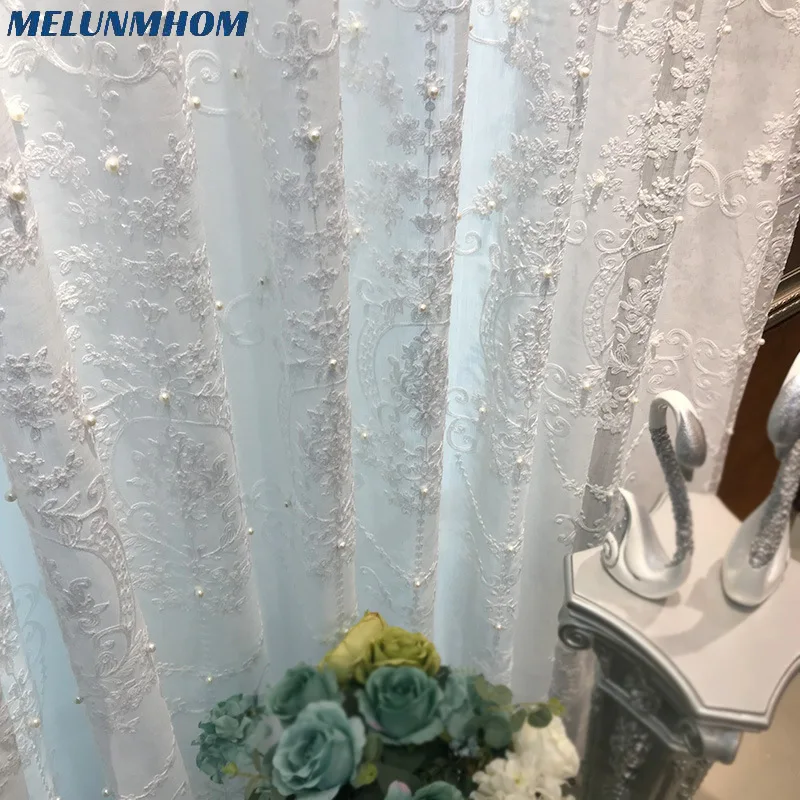 Real Cortinas Dormitorio Elegant Luxury Tulle Embroidery Beads Drapes Sheer for Living Room Bedroom Screen Pearls Finished