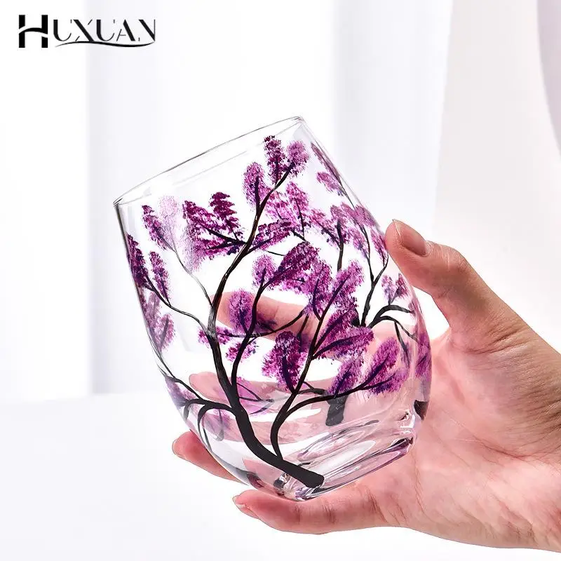 1PC Four Seasons Trees Wine Glasses Goblet Creative Printed Round Glass Cup For Wine Beer Cocktail Large Capacity Glass Cup Gift