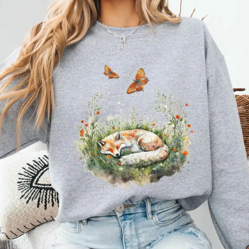 เสื้อสเวตเชิ้ตแขนยาวลายสุนัขจิ้งจอกน่ารักสไตล์คอทเทจคอร์ ผ้าฟลีซนุ่มสบาย แนววินเทจ ตลก ทันสมัย สไตล์ลำลอง Y2K เสื้อสตรีทแวร์