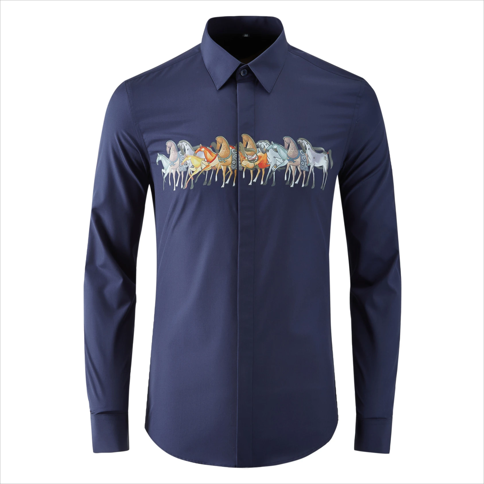 Brand Horse Print Men's Shirt Long Sleeved Slim Fit Casual Shirt Cotton Business Dress Shirts Luxury Social Banquet Party Blouse