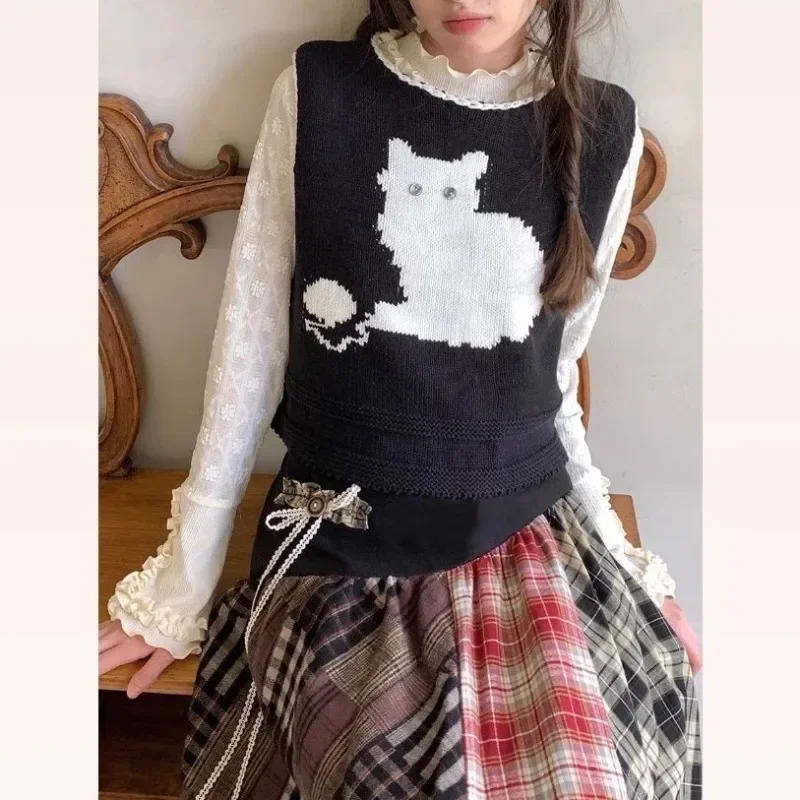 Sweet Sueter Mujer Cat Cartoon Print Vintage Women Sleeveless Sweater Vest Pullovers Y2k Harajuku Korean Knitted Tops