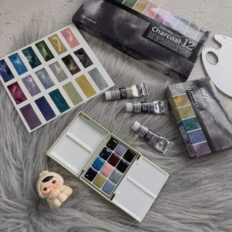 

12colors 1ml Tri-fold Plastic Box Charcoal Powder Pearlescent Solid Watercolor Artist Transparency Color Sketch Painting Pigment
