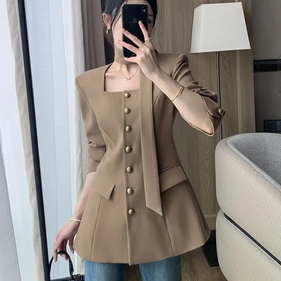 

Женский пиджак 2021, весна и осень, новый стиль, высококачественный элегантный маленький пиджак с квадратным воротником и завязкой на талии