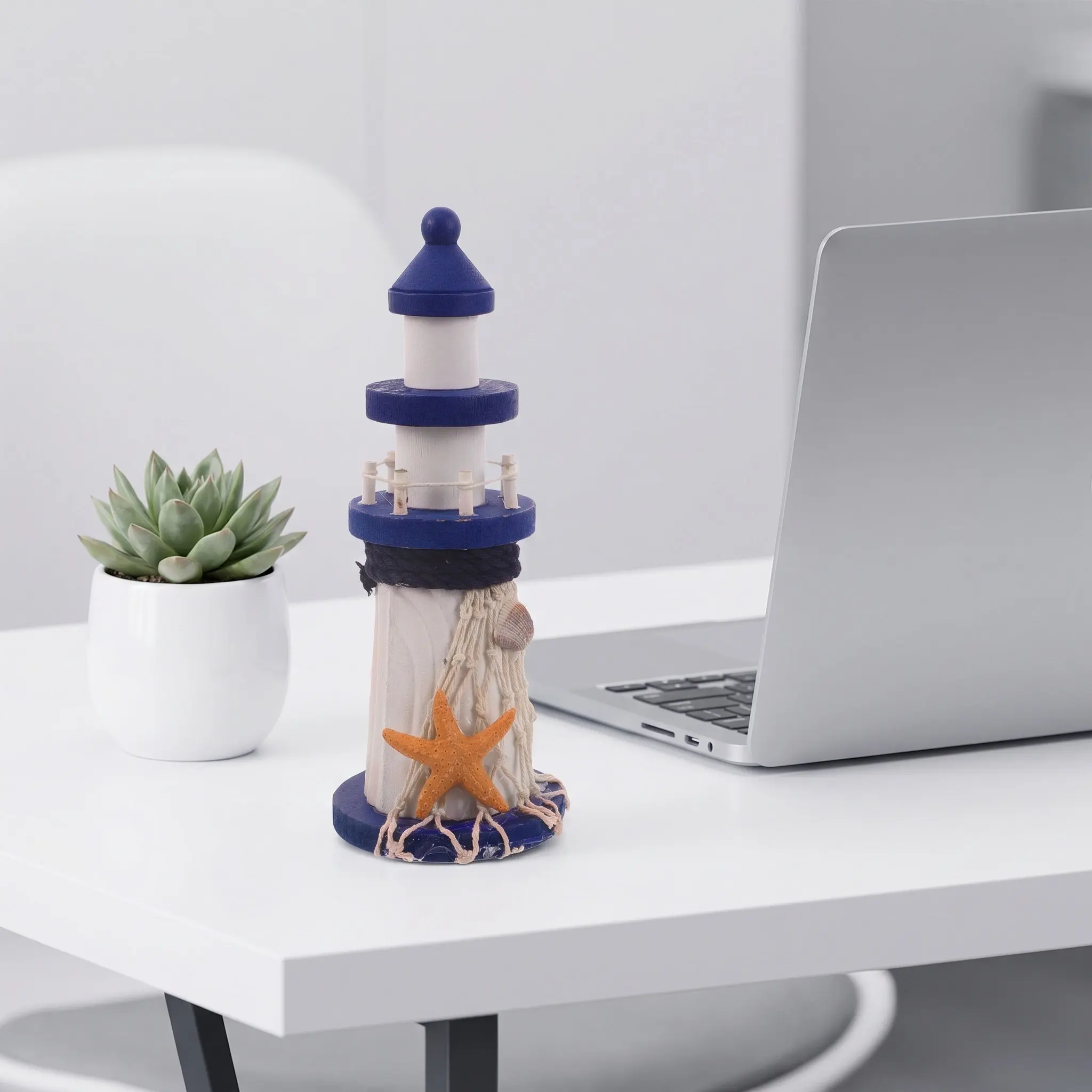 Mediterranean Wooden Lighthouse Nautical Ocean Decor Coastal Tabletop Ornament Shell Seashell Rope Beach Home Decoration