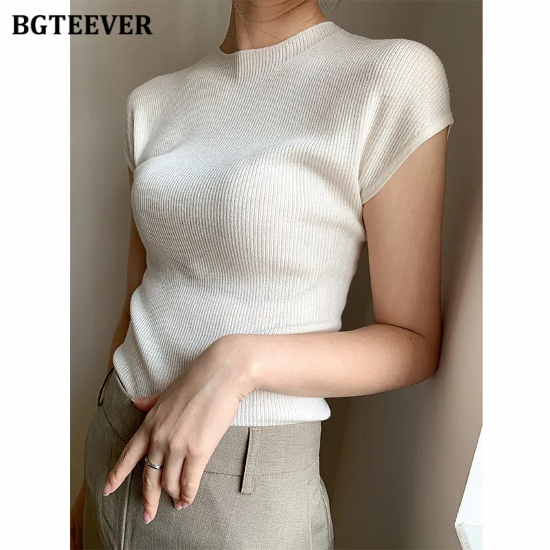 BGTEEVER estate elegante o-collo allungato FemaleT-camicie manica corta Slim donna pullover lavorati a maglia Tees Casual Ladies Tops