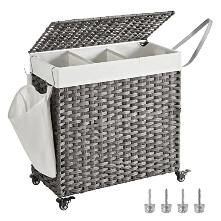 

37-Gallon Rolling Laundry Hamper with Lid 3-Section Synthetic Rattan Basket with Removable Liner Gray Bedroom Laundry Room Use
