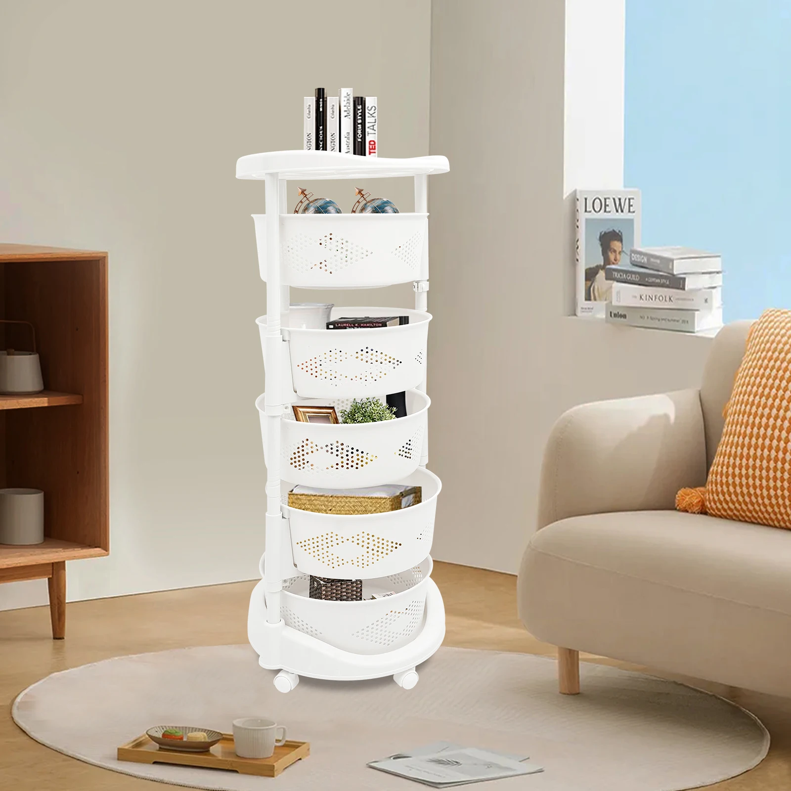 

5-Tier White Rotating Storage Shelf Adjustable Height Load Bearing 50kg/110.23lbs for Living Room, Kitchen, Home Decor