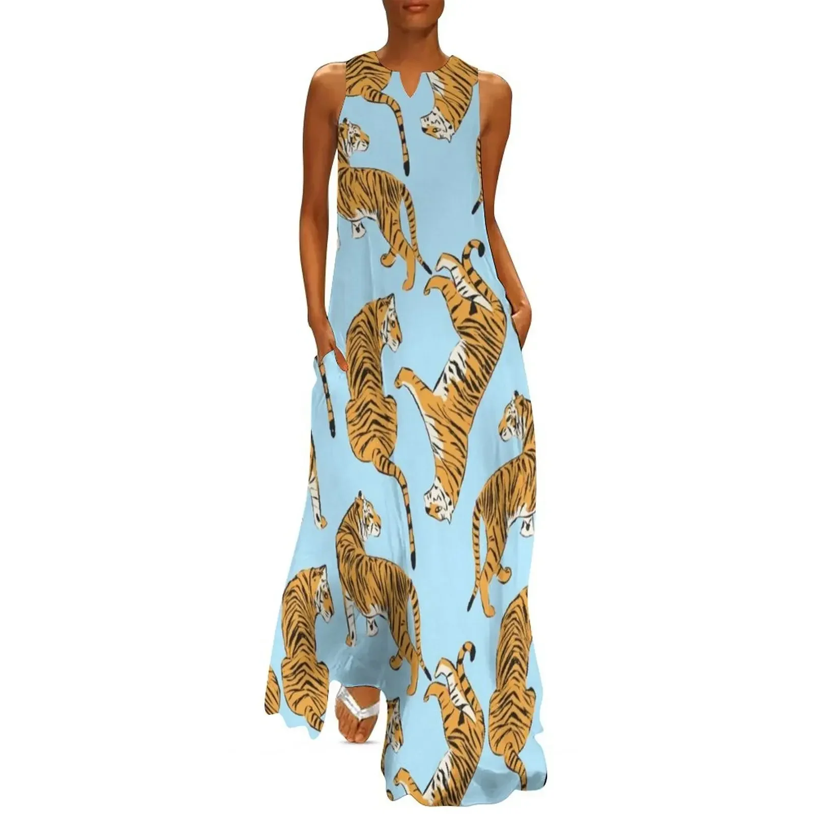 

French Blue Pink Tiger Repeating Print- Preppy Modern Contemporary Long Dress Aesthetic clothing Dress