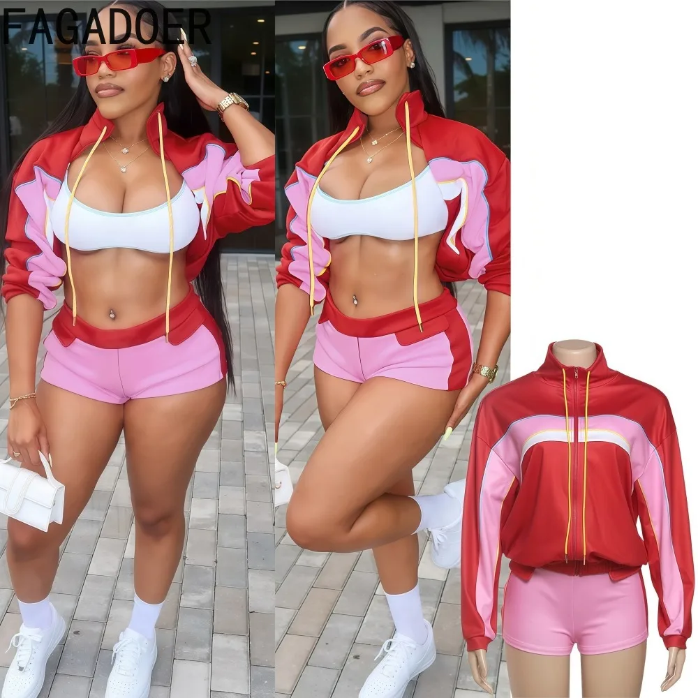 

FAGADOER Fashion Sport Woman 2 Piece Set Outfit Color Block Long Sleeves Jacket Top and Shorts Matching Female Streetwear Summer