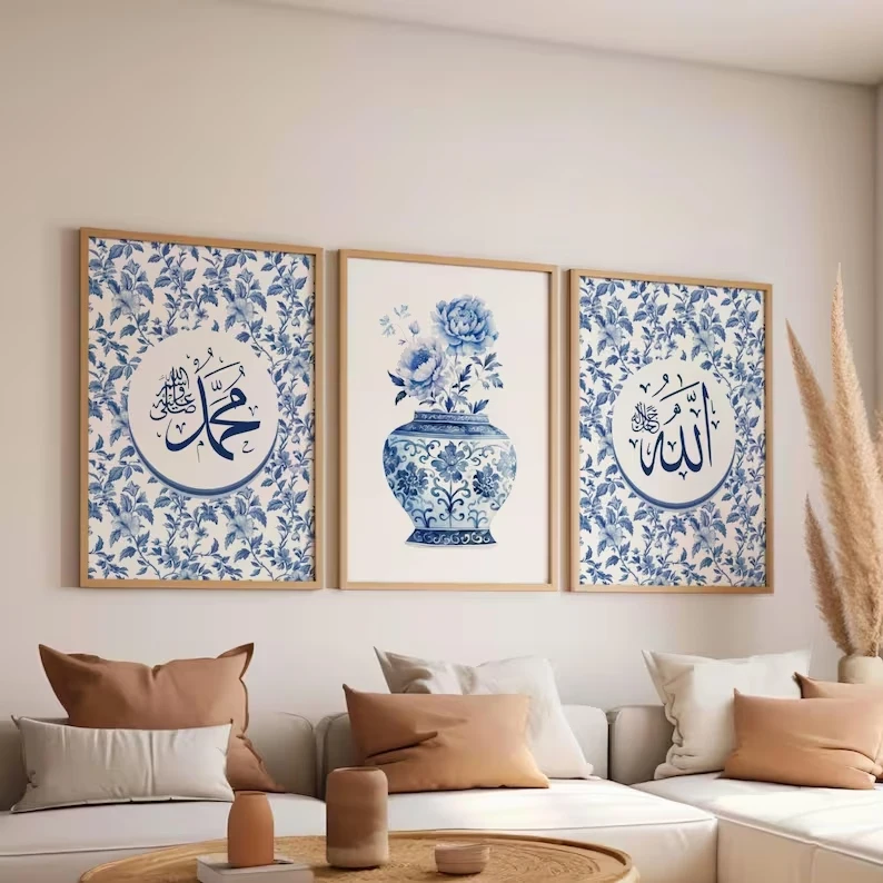3-teiliges modernes islamisches Kalligrafie-Set, trendiges blaues Eid-Wandbild, Leinwanddruck, Poster, Bild für Wohnzimmer, Heimdekoration