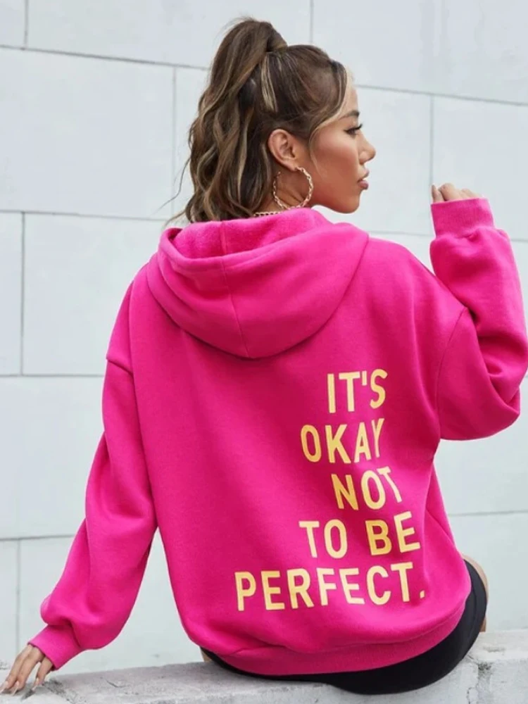 Lt's Her Not To Be Perfect Letter Pattern Printing Hoodie for Women, Long Sleeves, Pocket Sweatshirts, Warm Pullover, Fashion Cl