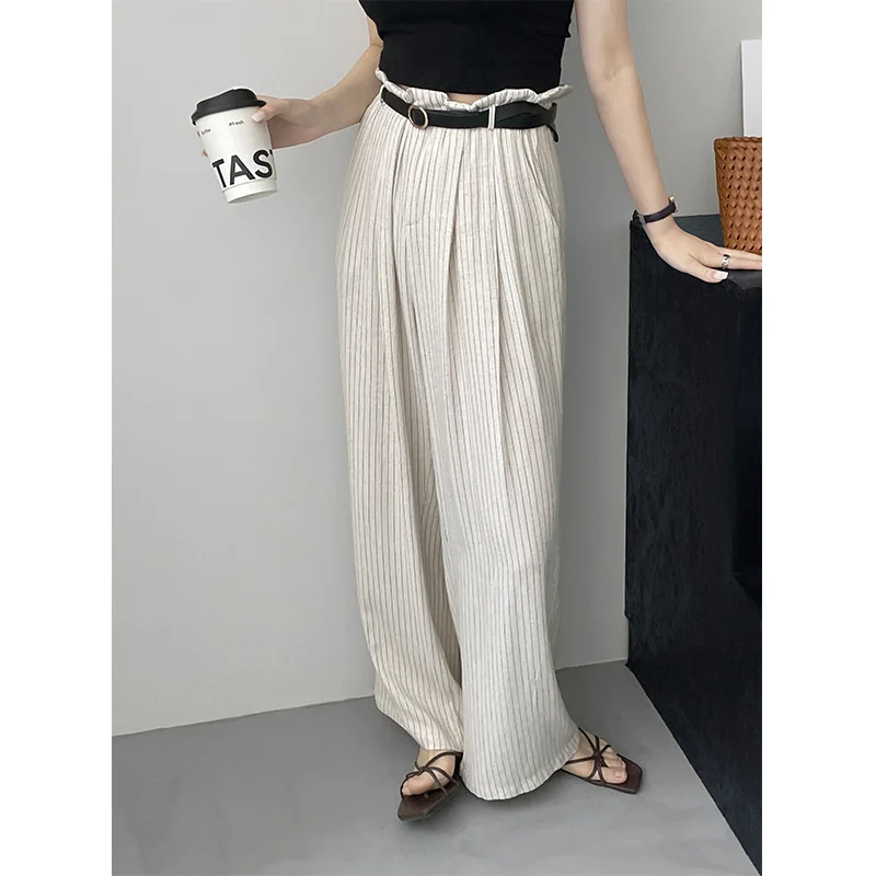 Stripe Linen Cotton Long Pant Women High Waist Wide Leg Pants