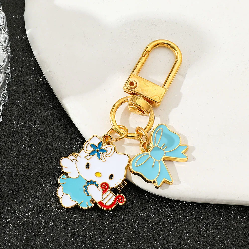 Funny Blue Angel Hello Kitty Keychain Kawaii Anime Sanrio Kitty Cat Metal Key Chain for Backpack Pendant Keyrings Kids Toys