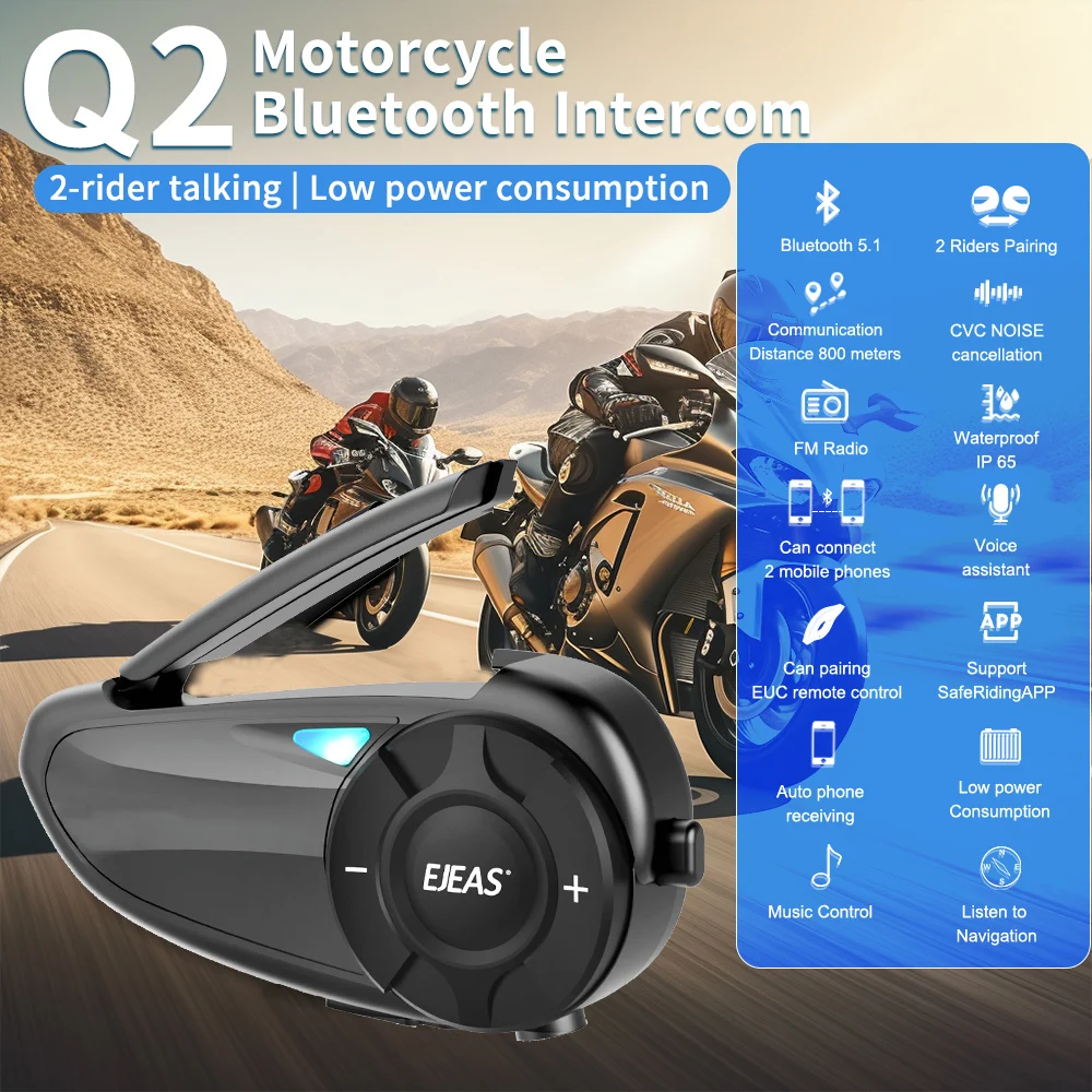 EJEAS Q2 Motorcycle Helmet Intercom Bluetooth 5.1 Headset Quick Pair Waterproof Up to 2 Riders Wireless Interphone Earphone
