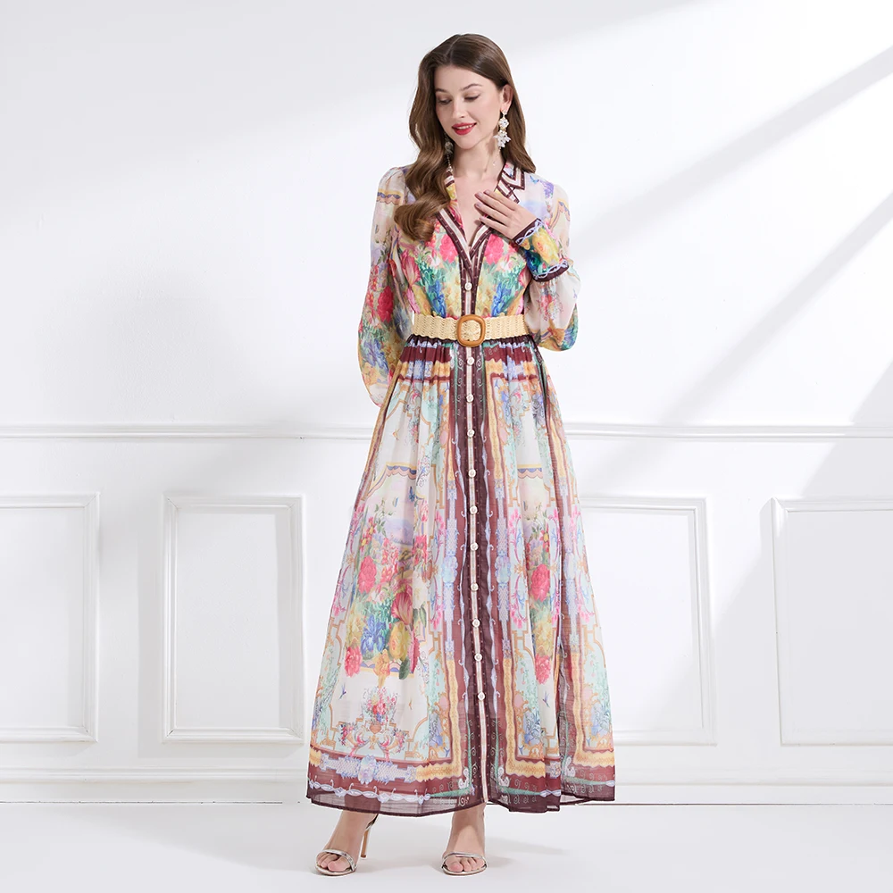 Długi płaszcz Ele Long Sve Lantern Sve Print Dr 2025 Holiday Sle Suit Collar Bell, z podkreśloną talią, maxi, dla kobiet