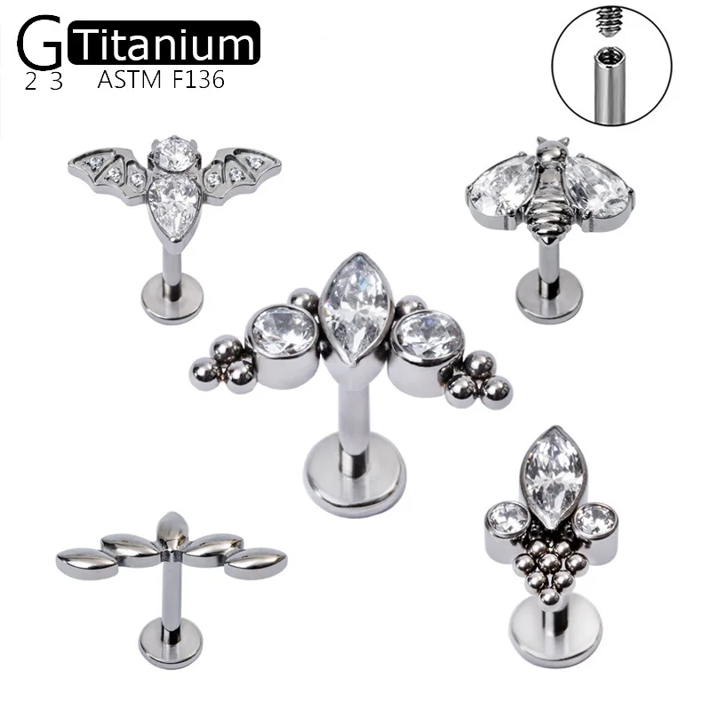 G23 Titanium Stud Inlaid With Zircon Bee And Bat Five Types Of Threaded Top Screw Piercing Jewelry Earrings