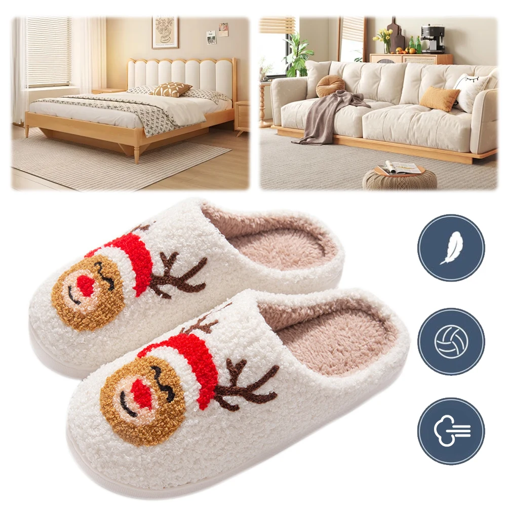 Christmas Elk Plush Slippers Anti Slip Warm Slip-on House Shoes Flat Thermal Slippers Furry Reindeer Slipper for Autumn Winter