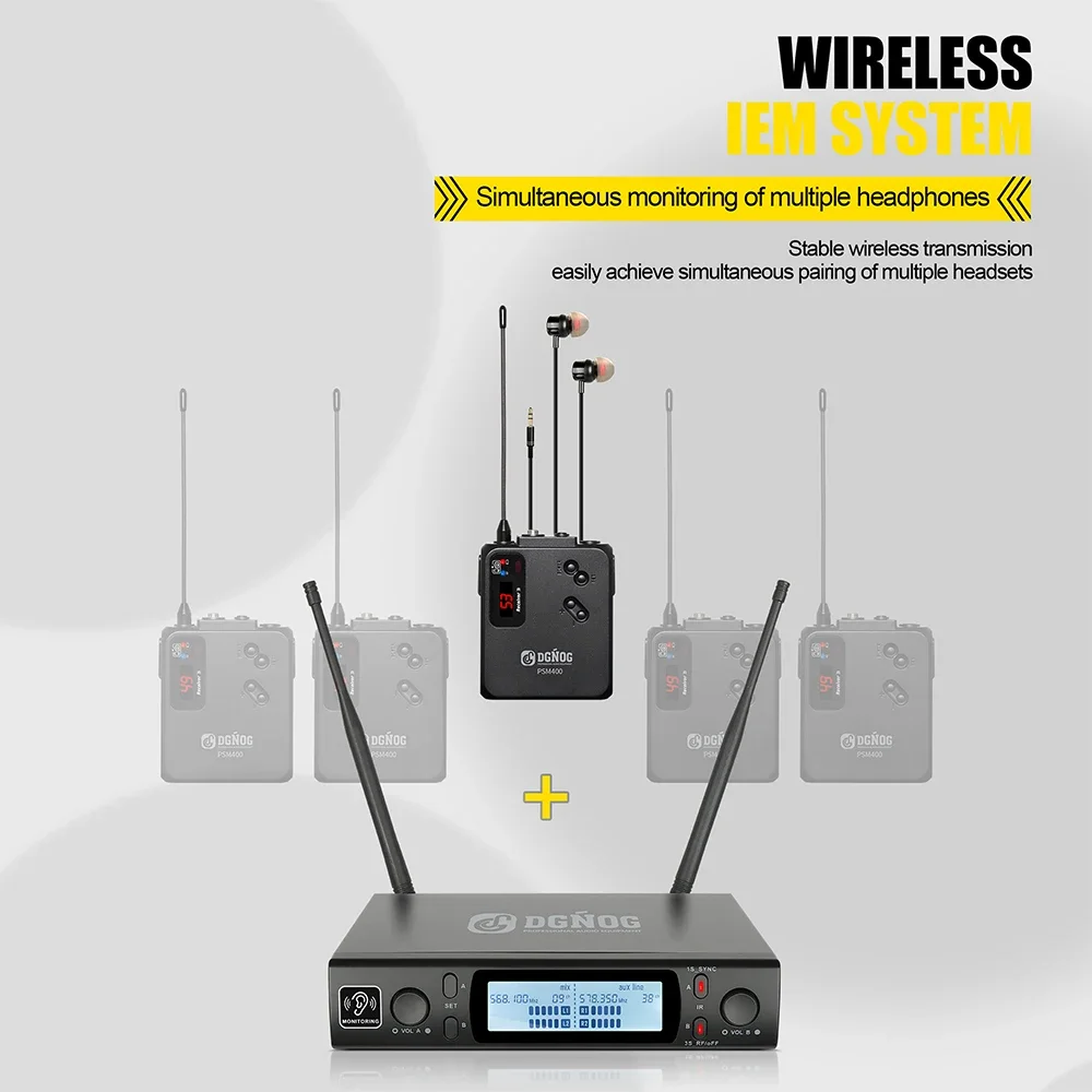 DGNOG PSM400 UHF 2 Channel Wireless In-Ear Monitor System  Professional Mono Monitoring for Stage Performance Singer Studio