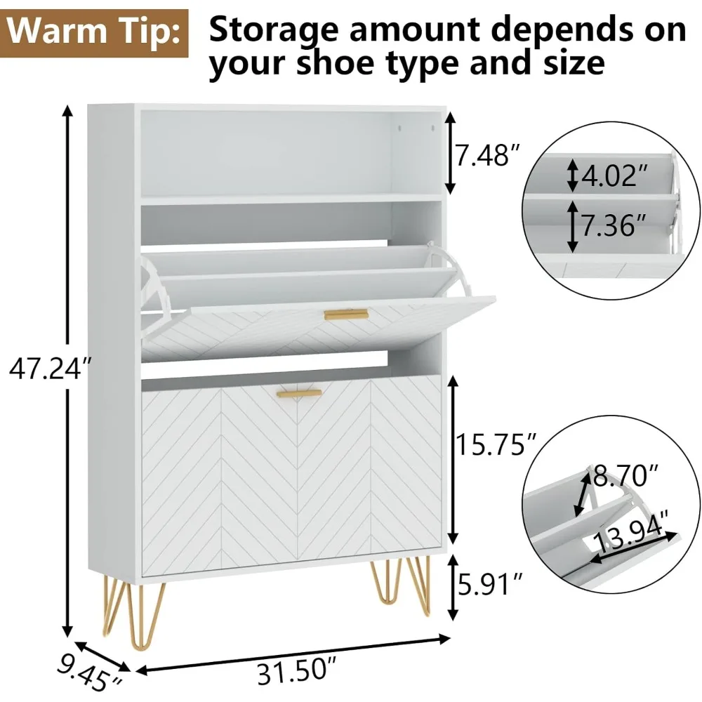 Shoe Cabinet, Freestanding Tipping Bucket Shoe Storage Cabinet with 2 Flip Drawers, Modern Entryway Shoe Rack