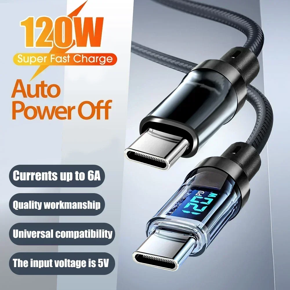 120W Dual USB-C Kabel mit digitaler Anzeige, PD-Schnellladung, USB Typ-C zu Typ-C Kabel für iPhone 15 Pro Max Plus, Xiaomi, Macbook, iPad