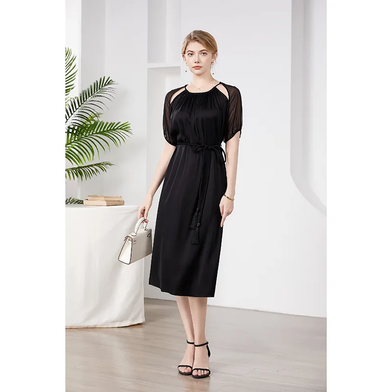 Vestido de seda Mulberry para mulheres solto e fino, temperamento preto, moda verão D41413