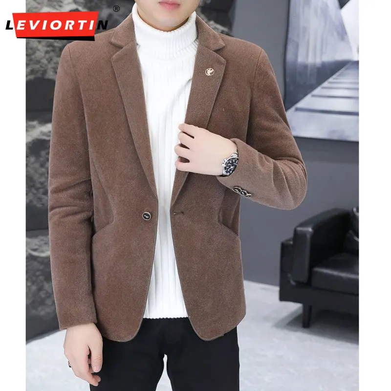 Autumn and Winter Men's Nizi Plush Thickened Warm Small Suit Solid Color Casual Business Suit Men's Slim Fit Social Dress Coat