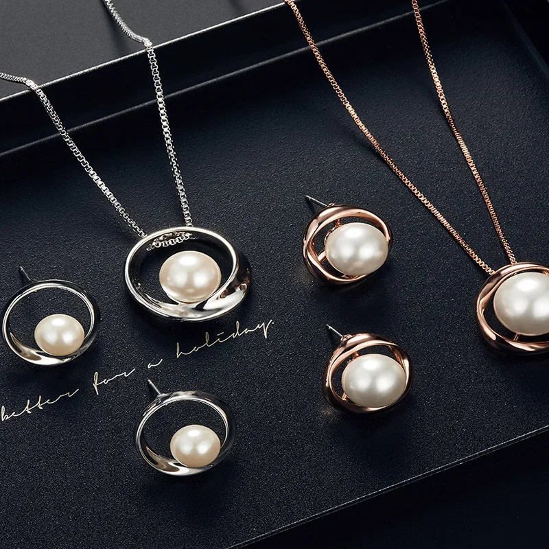 Luxury Square Crystal Necklace Earring Sets for Women Imitation Pearl Pendant Necklaces Stud Earrings Wedding Party Jewelry Gift