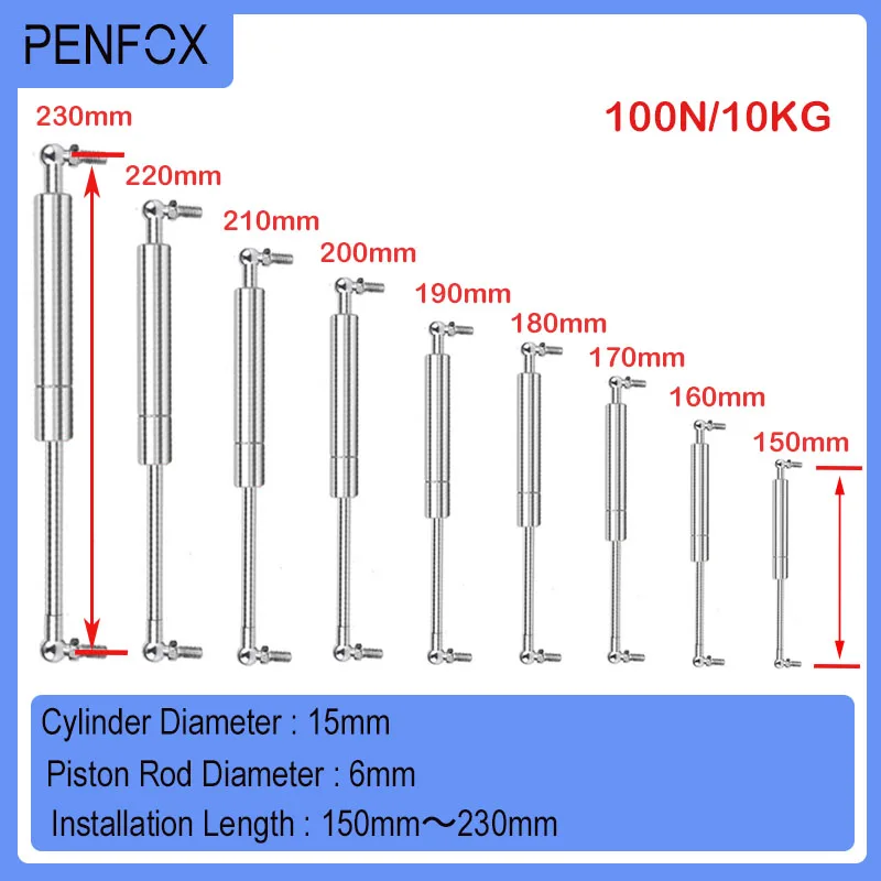 1 PC 150mm-230mm 100N/10KG 304 Stainless Steel Pneumatic Gas Spring Hydraulic Support Rod Medical Equipment Food Machine yacht