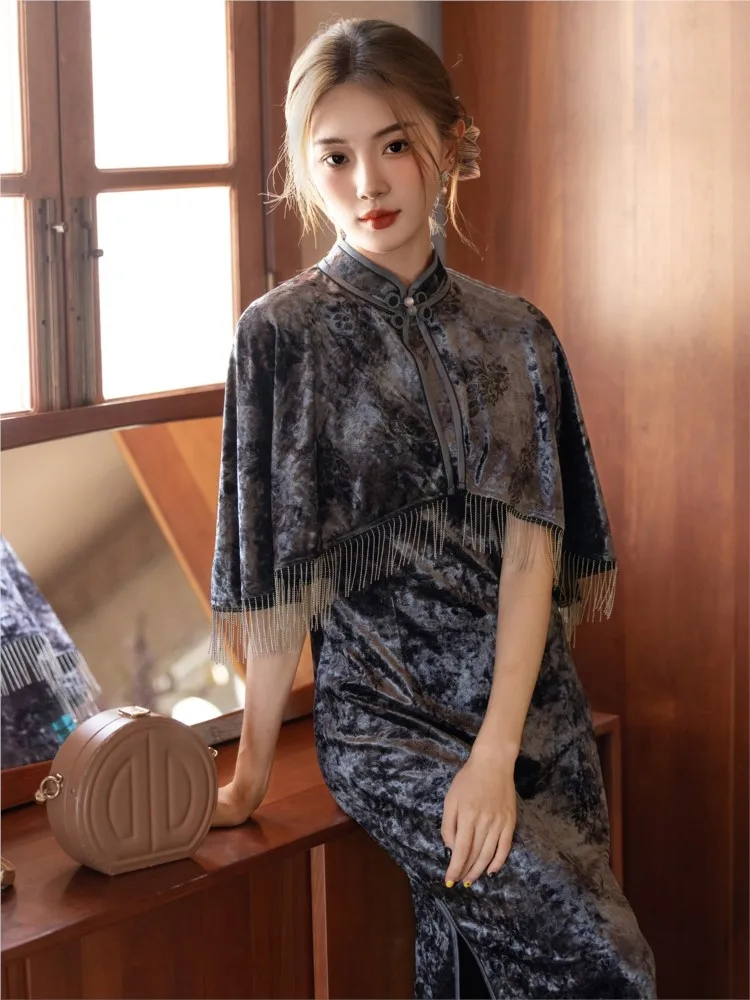 

Новый комплект Cheongsam из бархатной шали в китайском стиле для женщин, элегантное и стильное платье