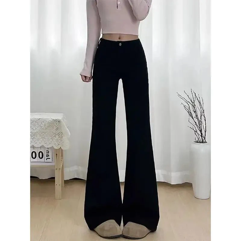 Women Thin Bell Bottom Jeans Lady High Waist Solid Color Denim Pants Female Classic Korean Straight Leg Trousers